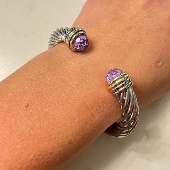 Two Tone Cable Bracelet Hinged Open Cuff with Large Purple Crystals - Picture 6 of 14